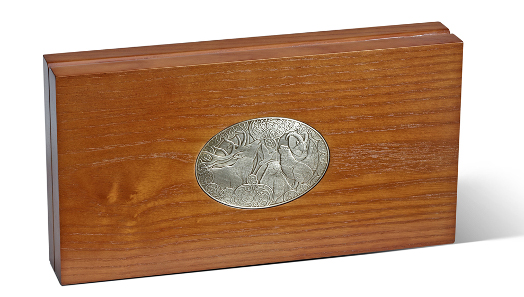 Wooden collector case with minted shield.