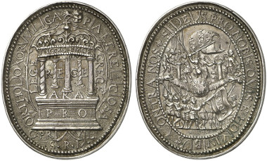 Medal on the Confoederatio Bohemica. The crown of the alliance rests on the five countries Hungary, Bohemia, Moravia, Silesia and Lusatia, which are all depicted as columns. Rev. The different religious parties, separated by the Word of God. From auction sale Gorny & Mosch 213 (2013), 4029.