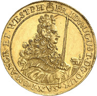 Before the election as Polish King: Frederick August I, 1694-1733. 3 ducats 1696, Dresden. Made with the dies of the 1/4 reichsthaler. Kahnt 26. From the upcoming Künker auction 258 on January 29, 2015. The piece has been estimated at 35,000 euros.