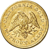 USA / CALIFORNIA. 5 dollars 1849. CALIFORNIA GOLD. Issued by Norris, Grieg & Norris, San Francisco. Fb. 60. Very rare. Auction sale Künker 258 (January 29, 2015), 807. Estimated at 10,000 euros.