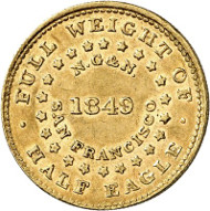 USA / CALIFORNIA. 5 dollars 1849. CALIFORNIA GOLD. Issued by Norris, Grieg & Norris, San Francisco. Fb. 60. Very rare. Auction sale Künker 258 (January 29, 2015), 807. Estimated at 10,000 euros.