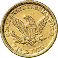 USA / CALIFORNIA. 5 dollars 1850. CALIFORNIA GOLD. Issued by Moffat & Co., San Francisco. Fb. 49. Rare. Auction sale Künker 258 (January 29, 2015), 804. Estimated at 3,500 euros.