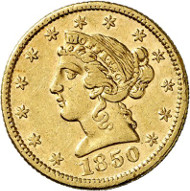 USA / CALIFORNIA. 5 dollars 1850. CALIFORNIA GOLD. Issued by Moffat & Co., San Francisco. Fb. 49. Rare. Auction sale Künker 258 (January 29, 2015), 804. Estimated at 3,500 euros.
