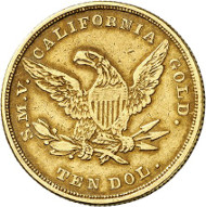 USA / CALIFORNIA. 10 dollars 1849. CALIFORNIA GOLD. Issued by Moffat & Co., San Francisco. Fb. 50. Rare. Auction sale Künker 258 (January 29, 2015), 805. Estimated at 2,000 euros.