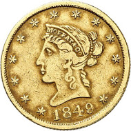 USA / CALIFORNIA. 10 dollars 1849. CALIFORNIA GOLD. Issued by Moffat & Co., San Francisco. Fb. 50. Rare. Auction sale Künker 258 (January 29, 2015), 805. Estimated at 2,000 euros.