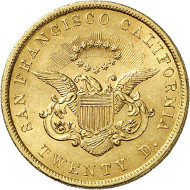 USA / CALIFORNIA. 20 dollars 1853. SAN FRANCISCO CALIFORNIA. Issued by Moffat & Co., San Francisco. Fb. 51. Very rare. Auction sale Künker 258 (January 29, 2015), 806. Estimated at 12,500 euros.
