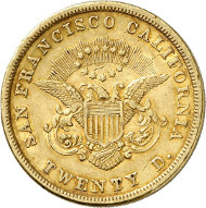 USA / CALIFORNIA. 20 dollars 1854. SAN FRANCISCO CALIFORNIA. Issued by Kelogg & Co., San Francisco. Fb. 37. Rare. Auction sale Künker 258 (January 29, 2015), 802. Estimated at 5,000 euros.