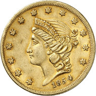 USA / CALIFORNIA. 20 dollars 1854. SAN FRANCISCO CALIFORNIA. Issued by Kelogg & Co., San Francisco. Fb. 37. Rare. Auction sale Künker 258 (January 29, 2015), 802. Estimated at 5,000 euros.