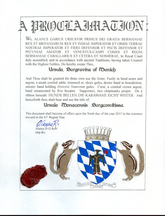 The patent of nobility of the newly-minted Burgravine. © State Archive of Bermania.