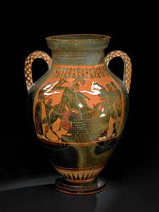 Pottery: black-figured amphora: the death of Priam. Greek, 550BC-540BC (circa). Vulci, Lazio, Italy. © The Trustees of the British Museum.