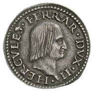 Ferrara, Ercole I d'Este (1471-1505). Testone. Head of Ercole to the right. Rv. Seven-headed Hydra. © MoneyMuseum, Zurich.