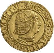 Milan. Galeazzo Maria Sforza (1466-1476). Ducat. Armour-clad bust of Galeazzo to the right, above, frontal view of the bust of Saint Ambrose of Milan. Rv. Visconti coat of arms, above, crest, in the left square, staff with two buckets. © MoneyMuseum, Zurich.