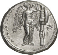 Syracuse. Agathocles, 317-289. Tetradrachm, 304-289. Ierardi 119. Auction Künker 262 (March 13, 2015), 7070, estimated at 5,000 euros. Agathocles used to be the great opponent of Hamilcar for whom the Carthaginian strategist negotiated a treaty with Acragas, Gela and Messana. This coin was minted after Agathocles, after a long war with Carthage, had finally made peace with Hamilcar's successor.