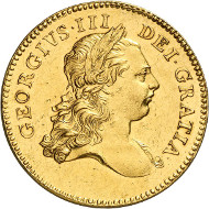Lot 600: GREAT BRITAIN. George III, 1760-1820. 5 guineas 1773, London. Pattern with plain edge. Extremely rare. Extremely fine. Estimate: 100,000,- euros. Hammer price: 120,000,- euros.