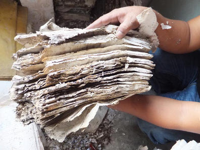 Documents destroyed by the extremes of wet conditions and insect infestations in Mizoram - said to be the wettest place on the planet - northeast India. Endangered Archives Programme. Photography © Dr Kyle Jackson.
