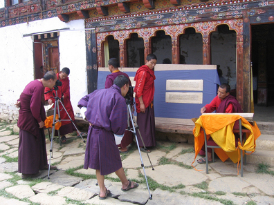 Digitising Buddhist manuscripts from the library of the remote Gangtey Monastery in the Himalayan kingdom of Bhutan. Endangered Archives Project. Photography © Dr Karma Phuntsho.