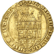Lot 1429: BELGIUM / BRABANT. Joan, 1383-1406. Tourelle d'or n. y., Louvain. Extremely rare. Very fine. Estimate: 15,000,- euros. Hammer price: 28,000,- euros.