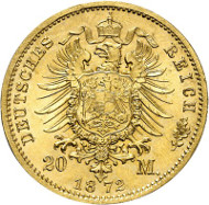 Lot 3141: GERMANY AFTER 1871 / SAXE-COBURG-GOTHA. Ernest II, 1844-1893. 20 mark 1872. Extremely rare. From polished dies. About FDC. Estimate: 60,000,- euros. Hammer price: 100,000,- euros.