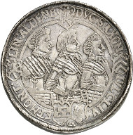 Lot 4461: BRETSCHNEIDER COLLECTION / SAXE-ALTENBURG. John Philip, Frederick, John William and Frederick William II, 1603-1625. Double reichsthaler 1623, Saalfeld. Extremely rare. Very fine to extremely fine. Estimate: 4,000,- euros. Hammer price: 16,000,- euros.