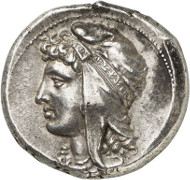 Lot 7079: GREEK COINS. Siculo-Punians (Siciliy). Tetradrachm, 320-310, mobile mint. Very rare. Extremely fine. Estimate: 25,000,- euros. Hammer price: 180,000,- euros.