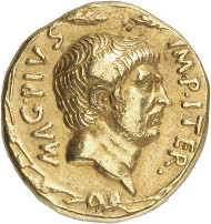 Lot 7818: ROMAN REPUBLIC. Sextus Pompey, + 35. Aureus, 37/6, Sicilian mint. Illustrated in Bahrfeldt, ZfN 28 (1896), pl. X. 231. Very rare. Good very fine. Estimate: 100,000,- euros. Hammer price: 157,500,- euros.