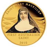 Australia; Mary Mackillop; face value: 15 AUD; 1/10 oz gold; weight: 3,111 g; diameter: 16,60 g; date of issue: October, 18, 2010; designer: Aleysha Howarth; mintage: 2.010 PP.