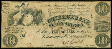 T-27. Confederate Currency. 1861 $10. PCGS Very Fine 25 Apparent. Hole Punch Cancelled, Cancellations Rebuilt, Design Redrawn. Price Realized: $8,812.50.