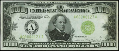 Fr. 2231-A. 1934 $10,000 Federal Reserve Note. Boston. PMG Choice Uncirculated 64 EPQ. Price Realized: $223,250.00.