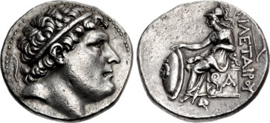 Kings of Pergamon. Philetairos. 282-263 BC. Tetradrachm. Pergamon mint. Struck circa 269/8-263 BC. Westermark Group II, dies V.11/R.1 (Eumenes I); SNG France 1603 (Eumenes I); SNG von Aulock 1957 (same dies; Eumenes I). Good VF, toned. From the Elwood Rafn Collection. Price: $1450.