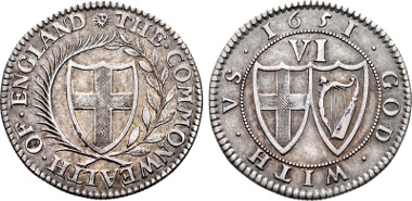 Commonwealth. 1649-1660. Pattern Sixpence Dated 1651. ESC 1498; North p. 206 note. Good VF, toned. Rare. Ex St. James's 10. Price: $5250.