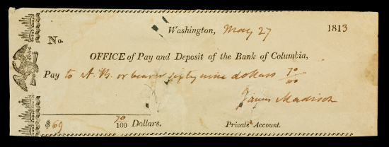 JN2015-5379.tif: 69.70 Dollar Personal Check of James Madison, United States, 1813. Image courtesy of the National Museum of American History.