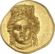 Abydos. Gold stater, about 330 B. C. 8.60 g. Head of Artemis en face, wearing a wreath, above a polos adorned with acanthus leaves, long earrings, pearl neacklace. Rv. eagle l. standing, in front of it wine branch with grapes. From auction Numismatica Genevensis S.A. 6 (2010), 84. Unique specimen of utmost historical and artistic significance. Estimate: CHF 350,000.