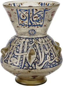 Gilded and enamelled mosque lamp, inscribed with the chapter of Light (Qur'an 35). Mamluk Egypt or Syria, 14th century. © The Trustees of the British Museum.