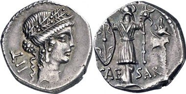 C. Iulius Caesar. Denarius, 48-47. Rev. Trophy with Gallic trumpet. Auction Gorny & Mosch 176 (2009), 1972.