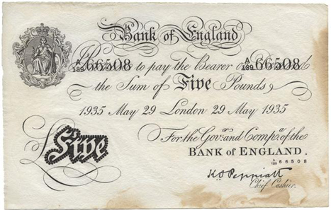 Operation Bernhard: imitation of a British 5 pound 1935 Bank of England banknote made in Germany during WWII, 133.0 x 210.0 mm.