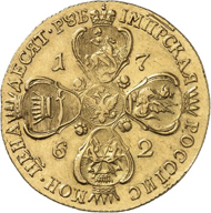 Peter III. Gold 10 roubel 1762, St. Petersburg. Auction Künker 264 (June 25, 2015), lot 4590; estimate: 75,000 euros.