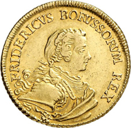 The great role model of Peter III: Frederick II on his Friedrichs d'or from 1749. Auction Künker 250 (2014), lot 2602; estimate: 5,000 euros. Hammer price: 17,000 euros.