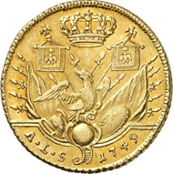 The great role model of Peter III: Frederick II on his Friedrichs d'or from 1749. Auction Künker 250 (2014), lot 2602; estimate: 5,000 euros. Hammer price: 17,000 euros.