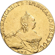 The predecessor of Peter: Elizabeth I with a gold 10 roubel piece from 1756, struck in Moscow. Auction Künker 258 (2015), lot 851; estimate: 15,000 euros. Hammer price: 32,000 euros.