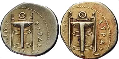 Fig. 12 and 13: Two very dangerous fakes of a 25-Litra-piece from Syracuse