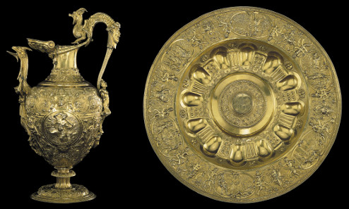 The Aspremont Lynden ewer and basin, silver-gilt, 1545-50. The basin bears at the centre the arms of the Counts of Aspremont Lynden, of Liège and Brussels. The Waddesdon Bequest. © The Trustees of the British Museum.