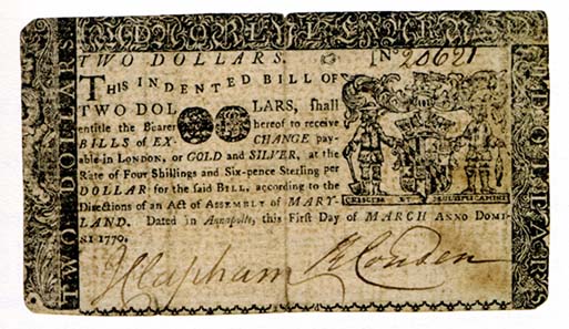 Maryland, 2 dollars, March 1, 1770. Printed by Ann Catherine Green and William Green. Photo: Money on Paper (2010).