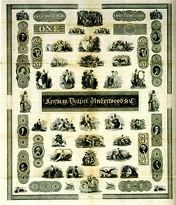 Sample sheet issued by the firm of Fairman, Draper, Underwood & Co., showing Audubon's running grouse vignette at bottom left and right, 1830. Collection of Mark Tomasko. Photo: Money on Paper (2010).