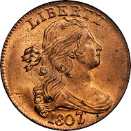 10028: 1807/6 Draped Bust Cent. S-273. Rarity-1. Large 7, Pointed 1. MS-66 RD (PCGS). OGH. CAC. Price Realized: $470,000.