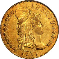 10236: 1797 Capped Bust Right Half Eagle. Small Eagle. BD-1. Rarity-7. 15 Stars, Wide Date. AU-58 (PCGS). Price Realized: $235,000.