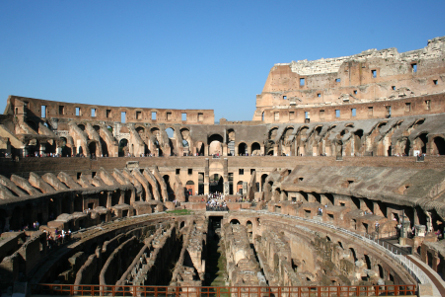 View into the Colosseum. The floor lacking, the substructures become recognizable. Photograph: Jean-Pol Grandmont / Wikipedia.