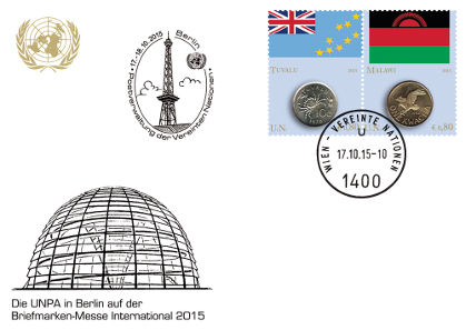 The exhibition card of the United Nations Postal Administration depicts two sights of interest every Berlin visitor is invited to see for himself: the Reichstag dome and the Funkturm.