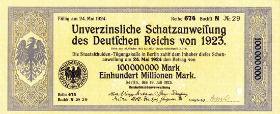 At the height of hyperinflation: a non-interest-bearing treasury bill of the German Reich with a value 100 Mio. Mark in 1923.