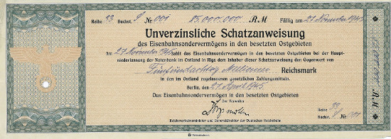 A real declaration of bankruptcy of the Third Reich. A non-interest-bearing treasury bill of 85 bn Reichsmark, guarantied be the