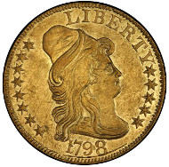 Lot 2074: 1798 Capped Bust Right Half Eagle. Bass Dannreuther-1. Rarity-7. Small Eagle. About Uncirculated-55 (PCGS). Price Realized: $1,175,000.00.